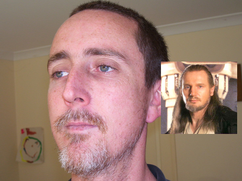 photo of a scruffy man with short hair and a scratchy beard, and an inset image of Liam Nesson as Qui-Gon Jinn